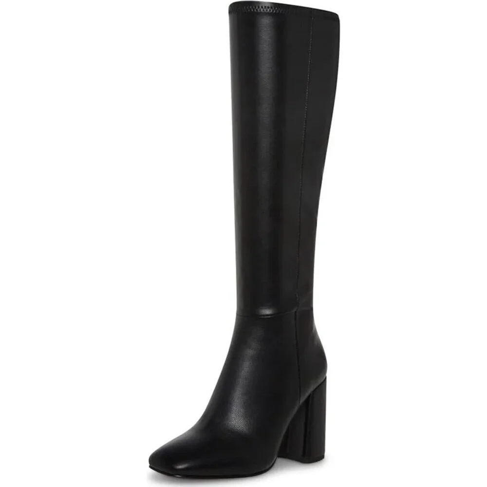 Women's Black Faux Leather Fashion Square Toe Chunky Heel Knee High Boots